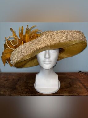 Brenda Waites Bolling Women’s Hat Gold Wide-Brim Feather Accent Derby Church